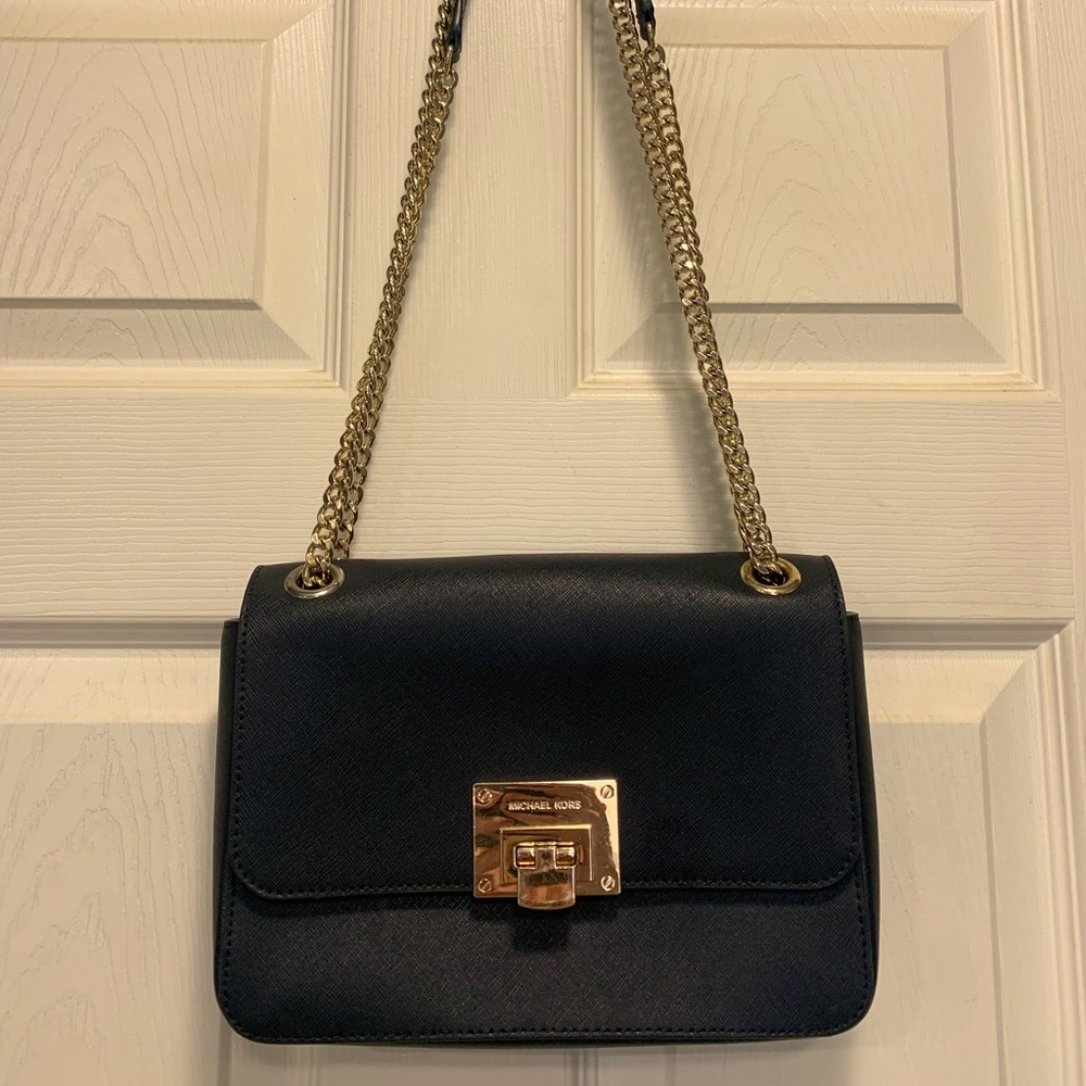 Michael Kors leather black purse with gold chair strap